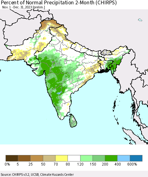 Southern Asia Percent of Normal Precipitation 2-Month (CHIRPS) Thematic Map For 11/1/2023 - 12/31/2023