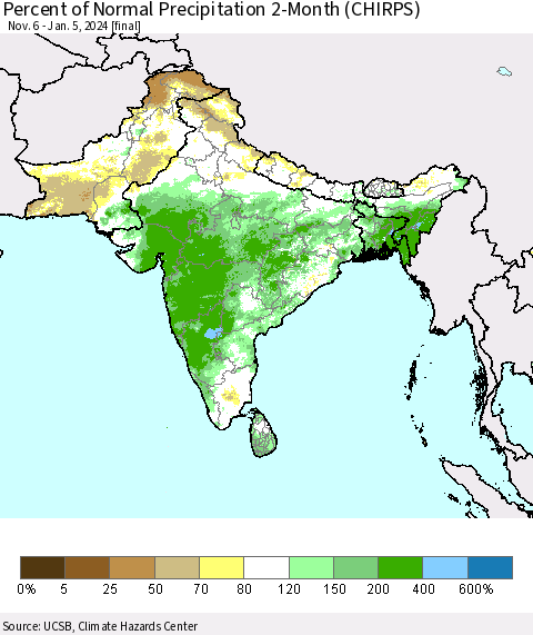 Southern Asia Percent of Normal Precipitation 2-Month (CHIRPS) Thematic Map For 11/6/2023 - 1/5/2024
