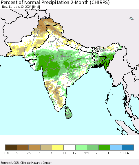 Southern Asia Percent of Normal Precipitation 2-Month (CHIRPS) Thematic Map For 11/11/2023 - 1/10/2024