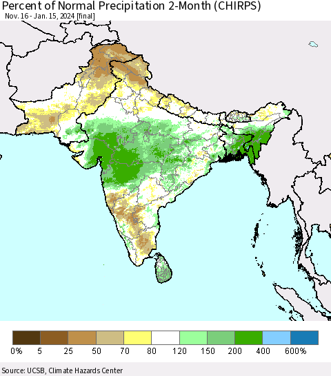 Southern Asia Percent of Normal Precipitation 2-Month (CHIRPS) Thematic Map For 11/16/2023 - 1/15/2024