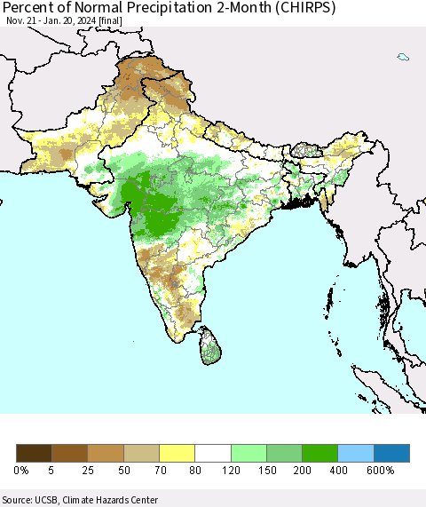 Southern Asia Percent of Normal Precipitation 2-Month (CHIRPS) Thematic Map For 11/21/2023 - 1/20/2024