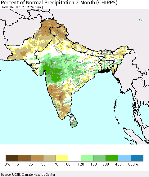 Southern Asia Percent of Normal Precipitation 2-Month (CHIRPS) Thematic Map For 11/26/2023 - 1/25/2024
