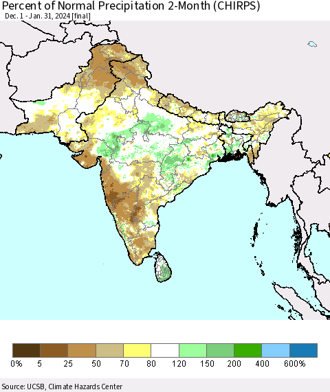 Southern Asia Percent of Normal Precipitation 2-Month (CHIRPS) Thematic Map For 12/1/2023 - 1/31/2024