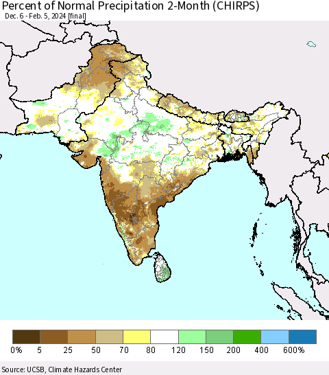 Southern Asia Percent of Normal Precipitation 2-Month (CHIRPS) Thematic Map For 12/6/2023 - 2/5/2024