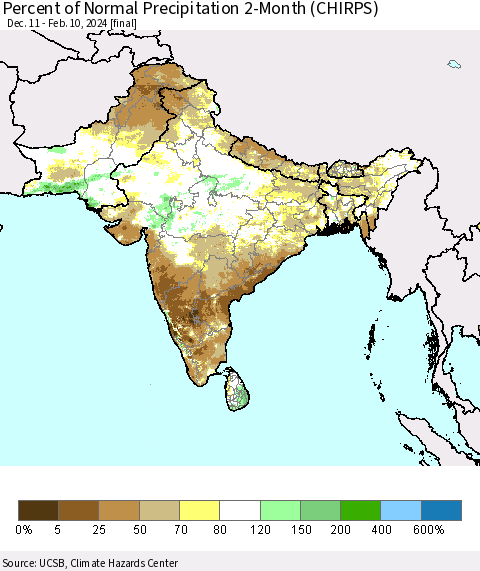 Southern Asia Percent of Normal Precipitation 2-Month (CHIRPS) Thematic Map For 12/11/2023 - 2/10/2024