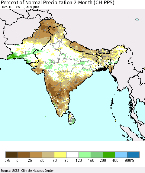 Southern Asia Percent of Normal Precipitation 2-Month (CHIRPS) Thematic Map For 12/16/2023 - 2/15/2024