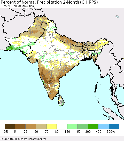 Southern Asia Percent of Normal Precipitation 2-Month (CHIRPS) Thematic Map For 12/21/2023 - 2/20/2024