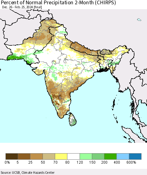 Southern Asia Percent of Normal Precipitation 2-Month (CHIRPS) Thematic Map For 12/26/2023 - 2/25/2024