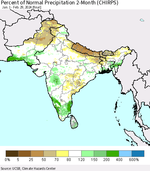 Southern Asia Percent of Normal Precipitation 2-Month (CHIRPS) Thematic Map For 1/1/2024 - 2/29/2024