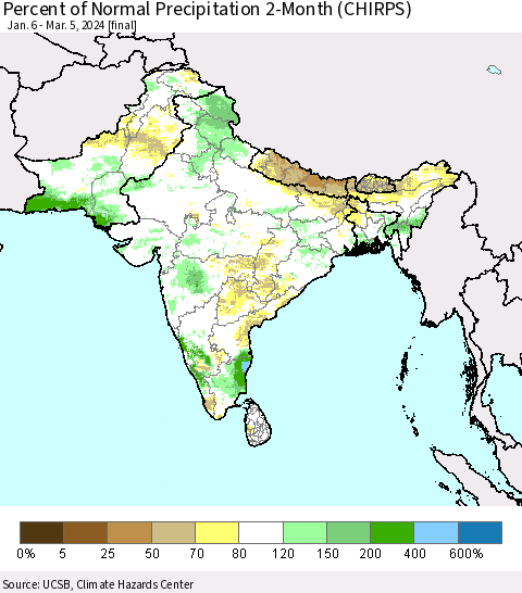 Southern Asia Percent of Normal Precipitation 2-Month (CHIRPS) Thematic Map For 1/6/2024 - 3/5/2024