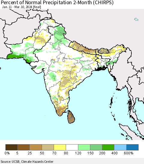 Southern Asia Percent of Normal Precipitation 2-Month (CHIRPS) Thematic Map For 1/11/2024 - 3/10/2024
