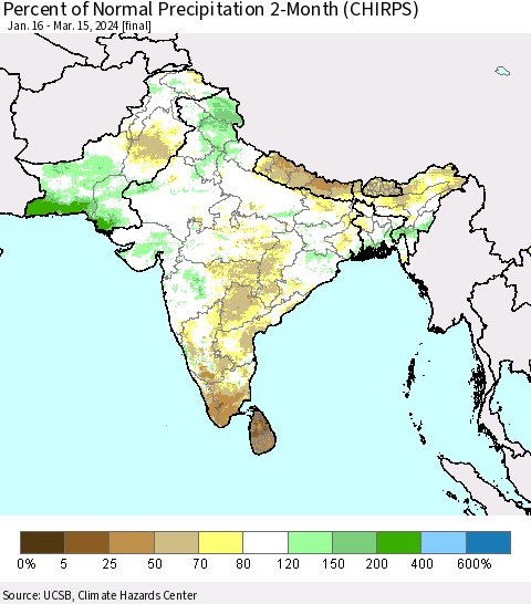 Southern Asia Percent of Normal Precipitation 2-Month (CHIRPS) Thematic Map For 1/16/2024 - 3/15/2024