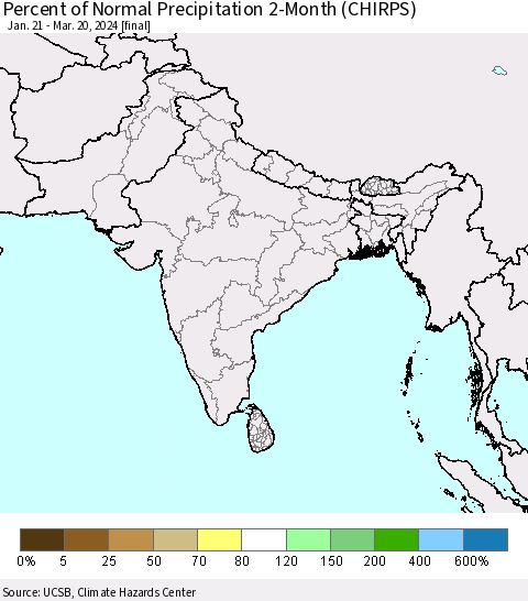 Southern Asia Percent of Normal Precipitation 2-Month (CHIRPS) Thematic Map For 1/21/2024 - 3/20/2024