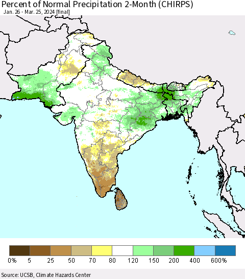 Southern Asia Percent of Normal Precipitation 2-Month (CHIRPS) Thematic Map For 1/26/2024 - 3/25/2024
