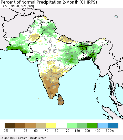 Southern Asia Percent of Normal Precipitation 2-Month (CHIRPS) Thematic Map For 2/1/2024 - 3/31/2024