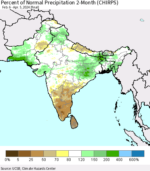 Southern Asia Percent of Normal Precipitation 2-Month (CHIRPS) Thematic Map For 2/6/2024 - 4/5/2024