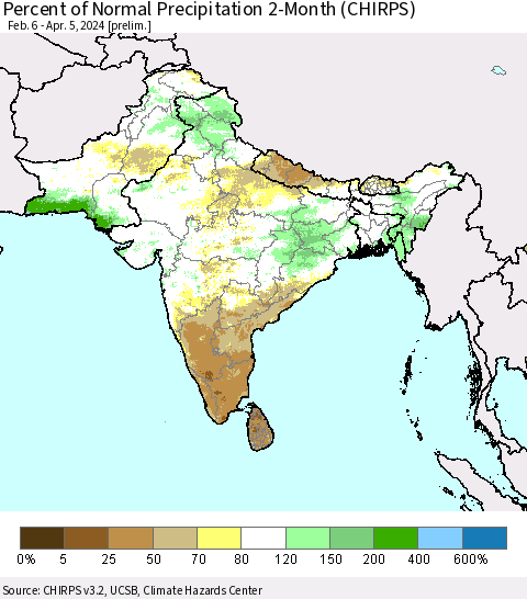 Southern Asia Percent of Normal Precipitation 2-Month (CHIRPS) Thematic Map For 2/6/2024 - 4/5/2024