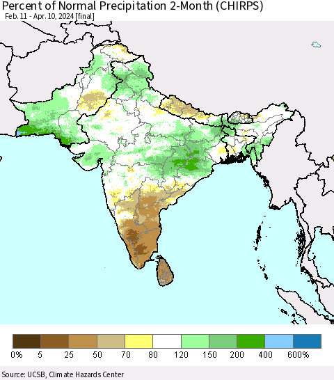 Southern Asia Percent of Normal Precipitation 2-Month (CHIRPS) Thematic Map For 2/11/2024 - 4/10/2024