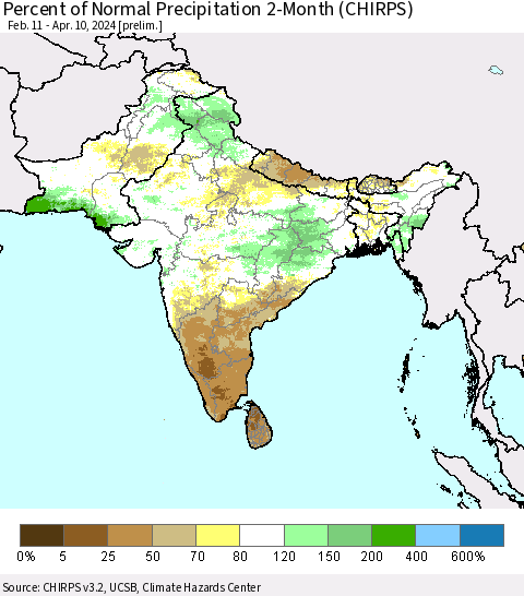 Southern Asia Percent of Normal Precipitation 2-Month (CHIRPS) Thematic Map For 2/11/2024 - 4/10/2024