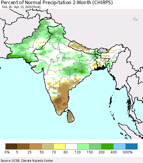 Southern Asia Percent of Normal Precipitation 2-Month (CHIRPS) Thematic Map For 2/16/2024 - 4/15/2024
