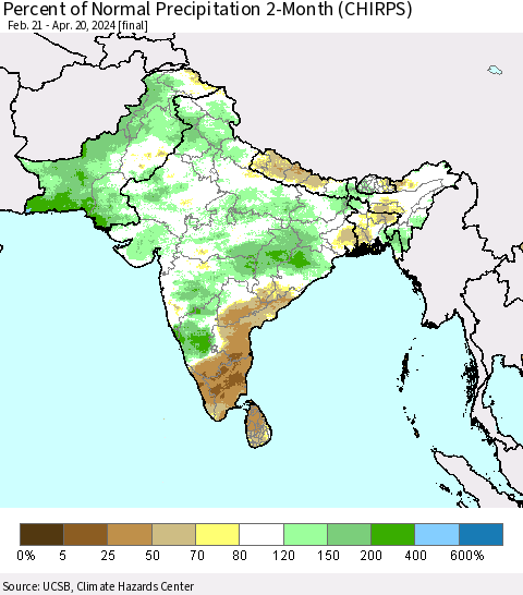 Southern Asia Percent of Normal Precipitation 2-Month (CHIRPS) Thematic Map For 2/21/2024 - 4/20/2024