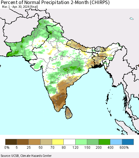 Southern Asia Percent of Normal Precipitation 2-Month (CHIRPS) Thematic Map For 3/1/2024 - 4/30/2024
