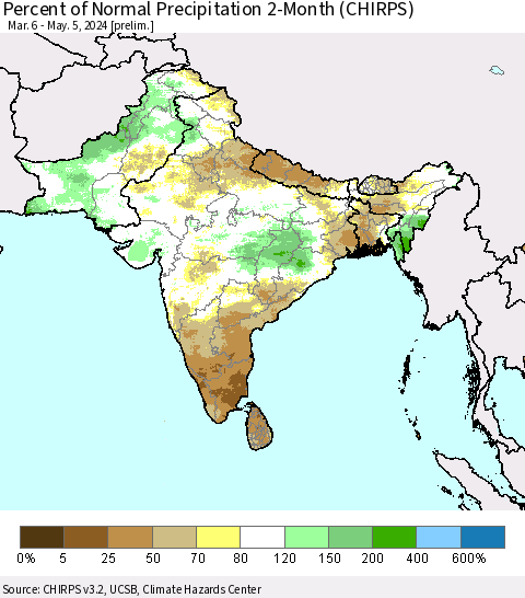 Southern Asia Percent of Normal Precipitation 2-Month (CHIRPS) Thematic Map For 3/6/2024 - 5/5/2024