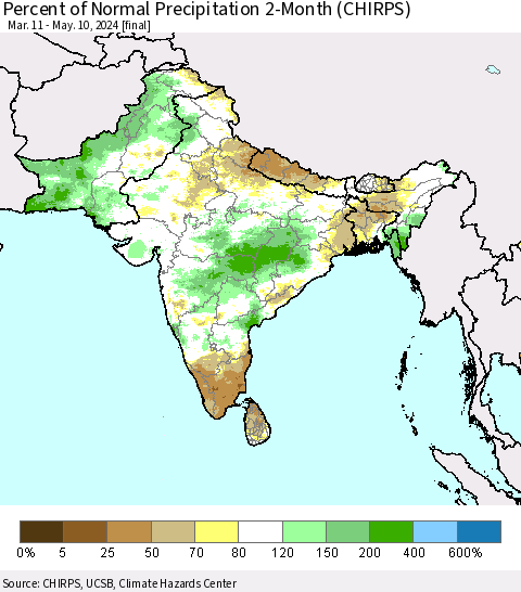Southern Asia Percent of Normal Precipitation 2-Month (CHIRPS) Thematic Map For 3/11/2024 - 5/10/2024