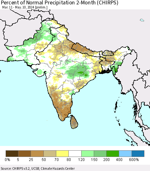 Southern Asia Percent of Normal Precipitation 2-Month (CHIRPS) Thematic Map For 3/11/2024 - 5/10/2024