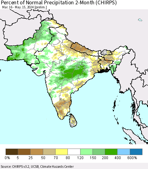 Southern Asia Percent of Normal Precipitation 2-Month (CHIRPS) Thematic Map For 3/16/2024 - 5/15/2024