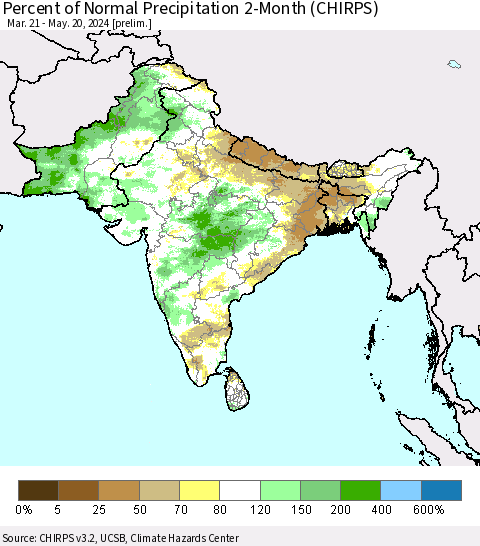 Southern Asia Percent of Normal Precipitation 2-Month (CHIRPS) Thematic Map For 3/21/2024 - 5/20/2024