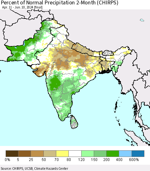 Southern Asia Percent of Normal Precipitation 2-Month (CHIRPS) Thematic Map For 4/11/2024 - 6/10/2024