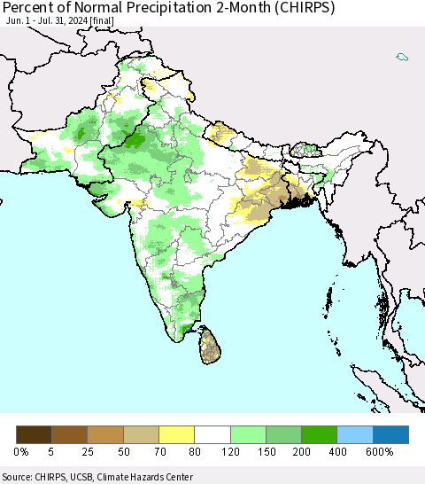 Southern Asia Percent of Normal Precipitation 2-Month (CHIRPS) Thematic Map For 6/1/2024 - 7/31/2024