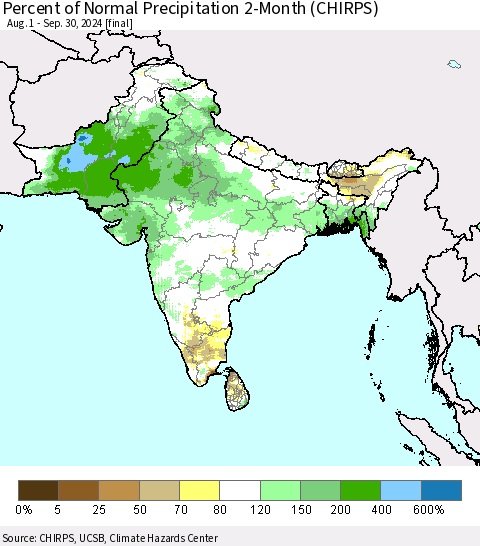 Southern Asia Percent of Normal Precipitation 2-Month (CHIRPS) Thematic Map For 8/1/2024 - 9/30/2024