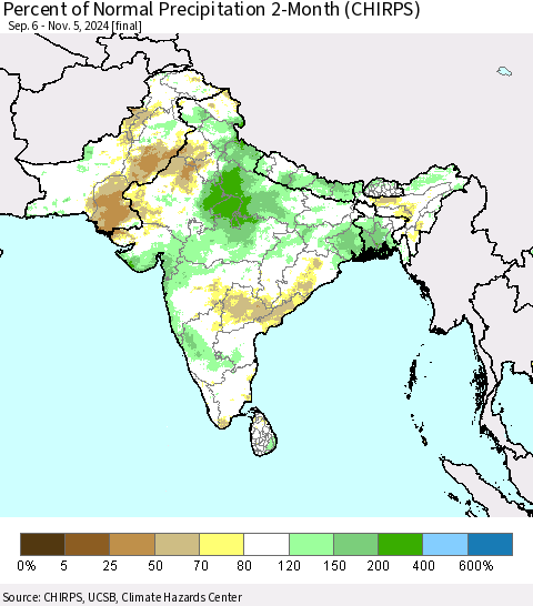 Southern Asia Percent of Normal Precipitation 2-Month (CHIRPS) Thematic Map For 9/6/2024 - 11/5/2024