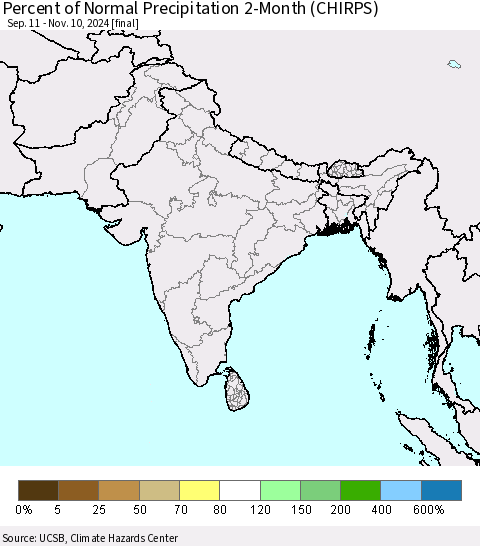 Southern Asia Percent of Normal Precipitation 2-Month (CHIRPS) Thematic Map For 9/11/2024 - 11/10/2024