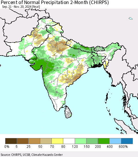 Southern Asia Percent of Normal Precipitation 2-Month (CHIRPS) Thematic Map For 9/21/2024 - 11/20/2024