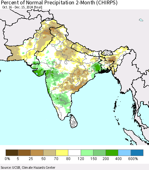 Southern Asia Percent of Normal Precipitation 2-Month (CHIRPS) Thematic Map For 10/16/2024 - 12/15/2024