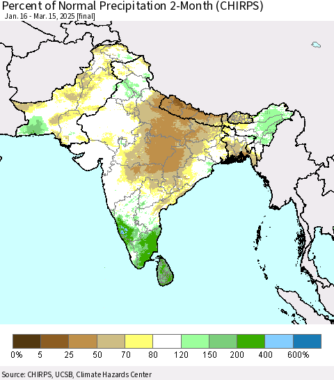 Southern Asia Percent of Normal Precipitation 2-Month (CHIRPS) Thematic Map For 1/16/2025 - 3/15/2025