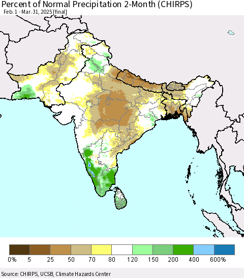 Southern Asia Percent of Normal Precipitation 2-Month (CHIRPS) Thematic Map For 2/1/2025 - 3/31/2025