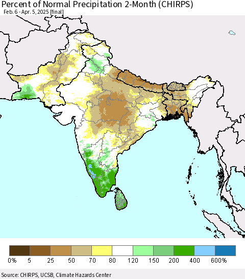 Southern Asia Percent of Normal Precipitation 2-Month (CHIRPS) Thematic Map For 2/6/2025 - 4/5/2025
