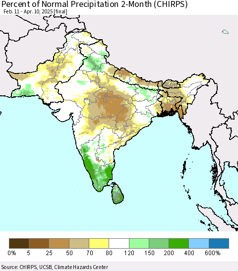 Southern Asia Percent of Normal Precipitation 2-Month (CHIRPS) Thematic Map For 2/11/2025 - 4/10/2025