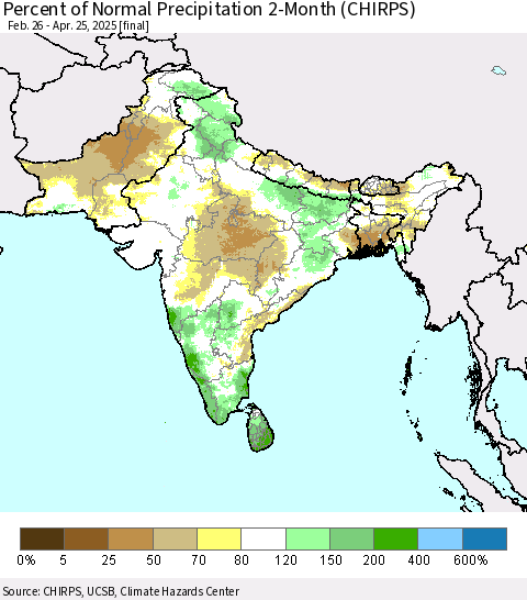 Southern Asia Percent of Normal Precipitation 2-Month (CHIRPS) Thematic Map For 2/26/2025 - 4/25/2025