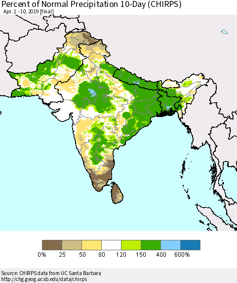 Southern Asia Percent of Normal Precipitation 10-Day (CHIRPS) Thematic Map For 4/1/2019 - 4/10/2019