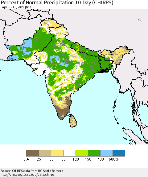 Southern Asia Percent of Normal Precipitation 10-Day (CHIRPS) Thematic Map For 4/6/2019 - 4/15/2019