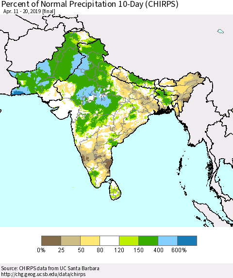 Southern Asia Percent of Normal Precipitation 10-Day (CHIRPS) Thematic Map For 4/11/2019 - 4/20/2019