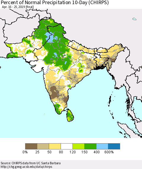 Southern Asia Percent of Normal Precipitation 10-Day (CHIRPS) Thematic Map For 4/16/2019 - 4/25/2019