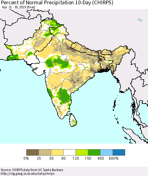 Southern Asia Percent of Normal Precipitation 10-Day (CHIRPS) Thematic Map For 4/21/2019 - 4/30/2019