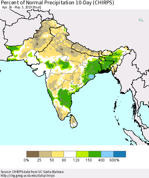 Southern Asia Percent of Normal Precipitation 10-Day (CHIRPS) Thematic Map For 4/26/2019 - 5/5/2019