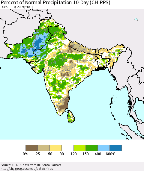 Southern Asia Percent of Normal Precipitation 10-Day (CHIRPS) Thematic Map For 10/1/2019 - 10/10/2019